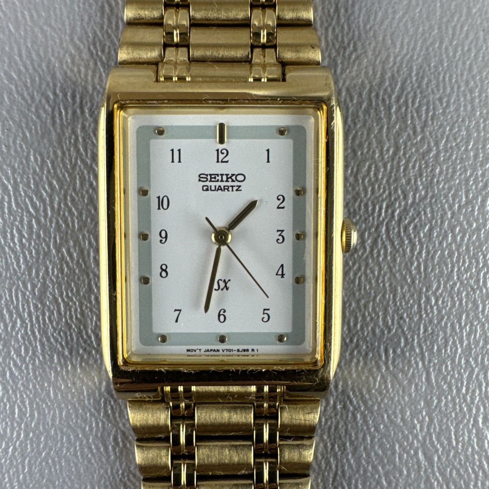 Vintage Seiko Quartz SX Gold Tone Rectangular Case Bracelet Watch V701-5J20